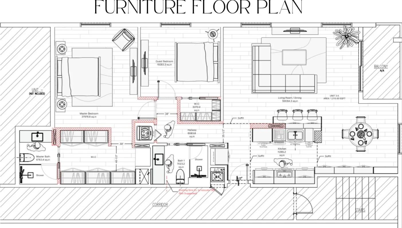 Furniture floor plan drawn by DALOP Design with room layouts, furniture and cabinetry