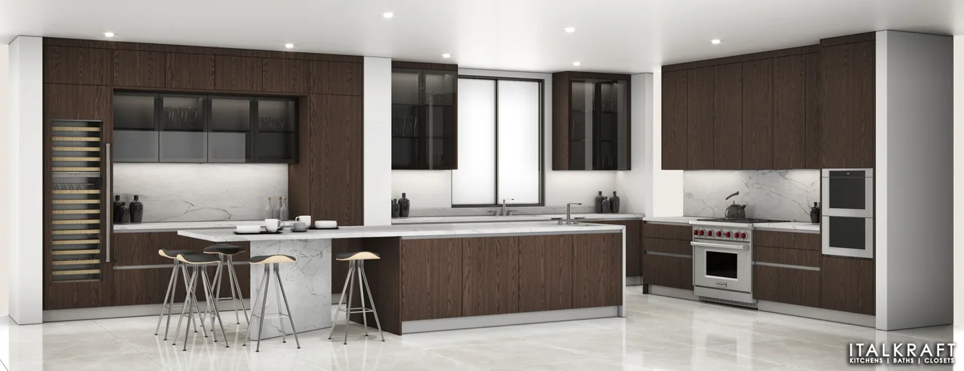 After: a full wall of dark cabinetry with a range and wine storage