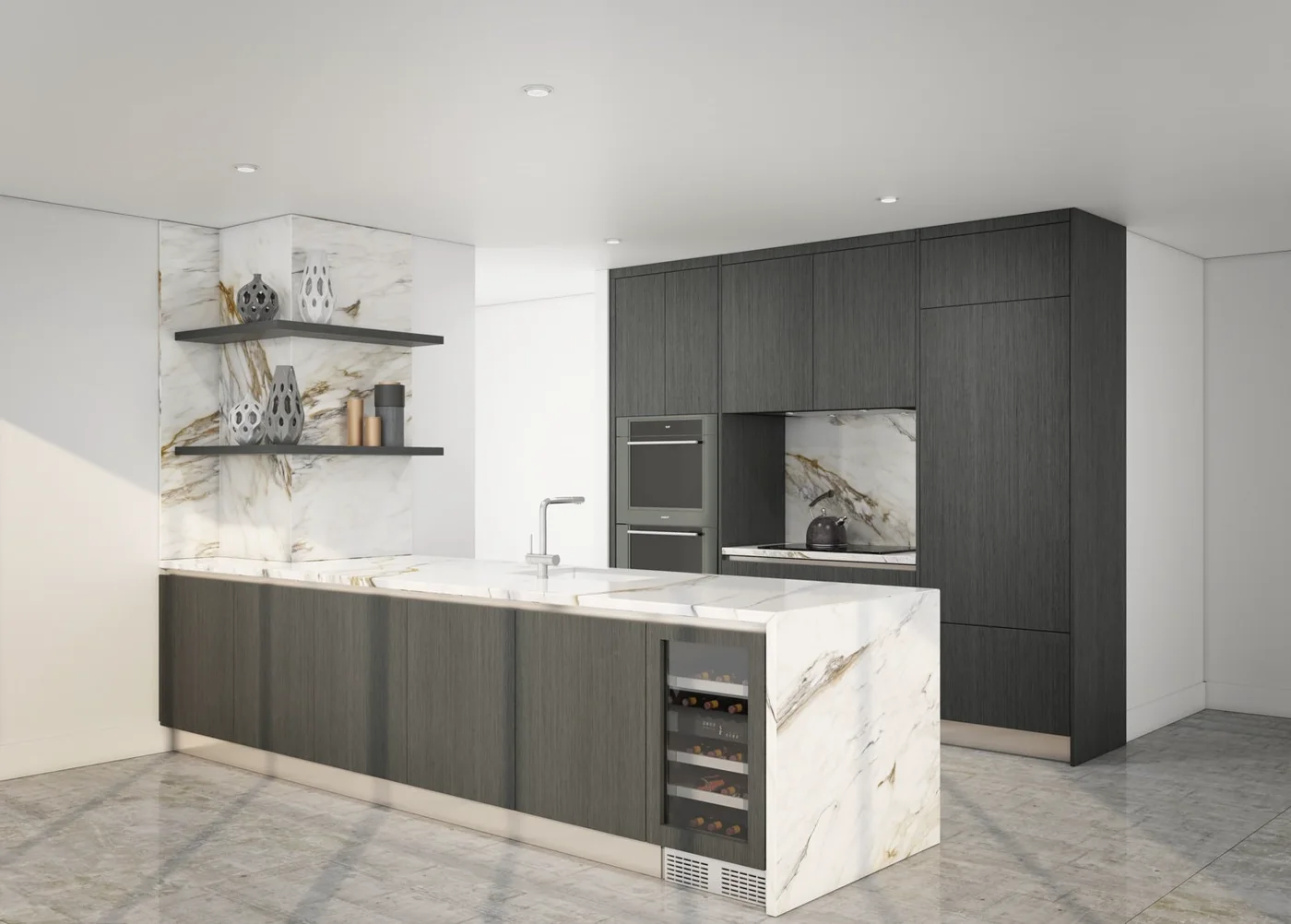The kitchen after: charcoal cabinetry and a white marble waterfall island with open shelves