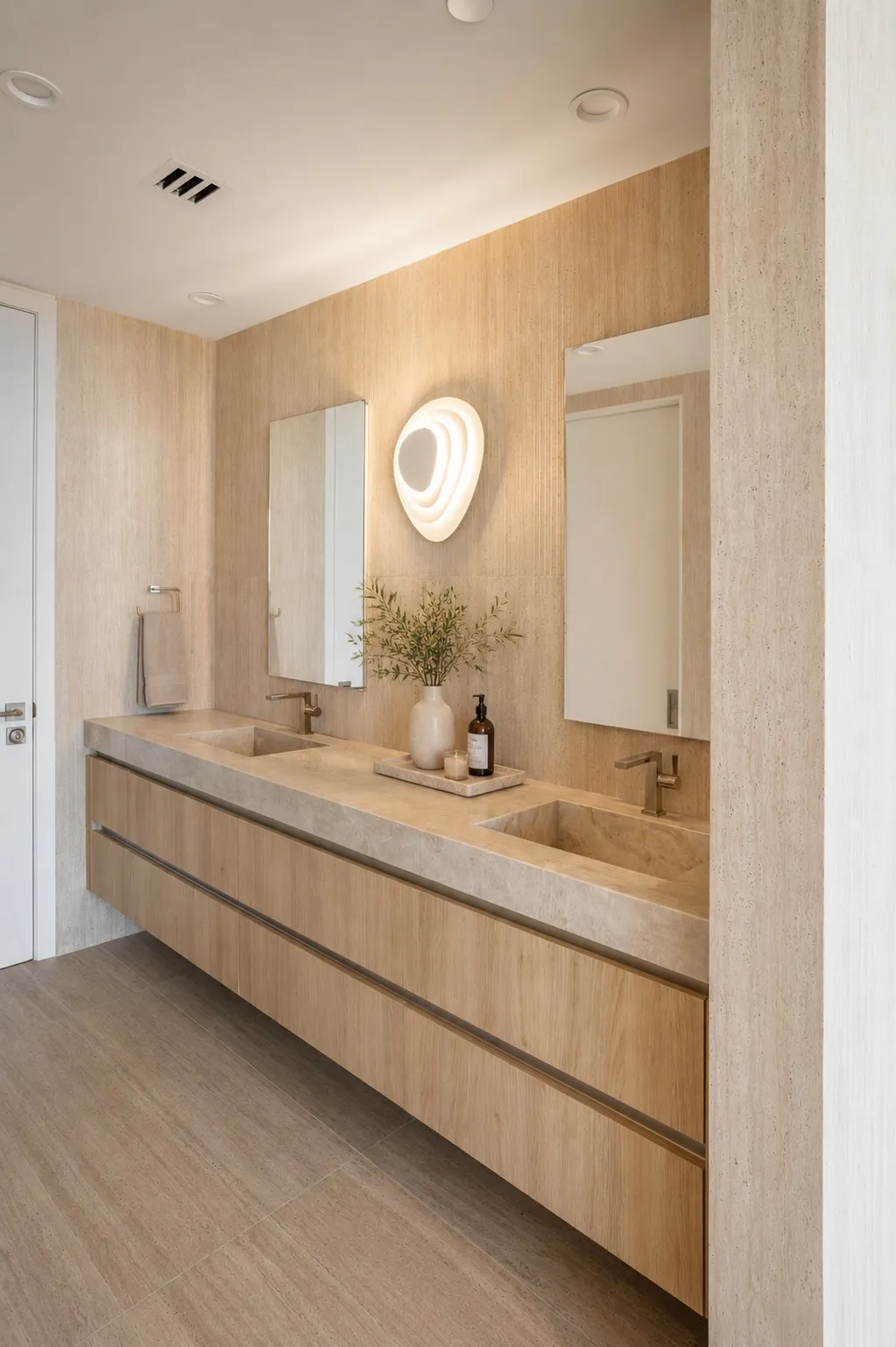 Marquis 3301 primary bathroom by DALOP Design: a long oak vanity run with stone basins under travertine walls